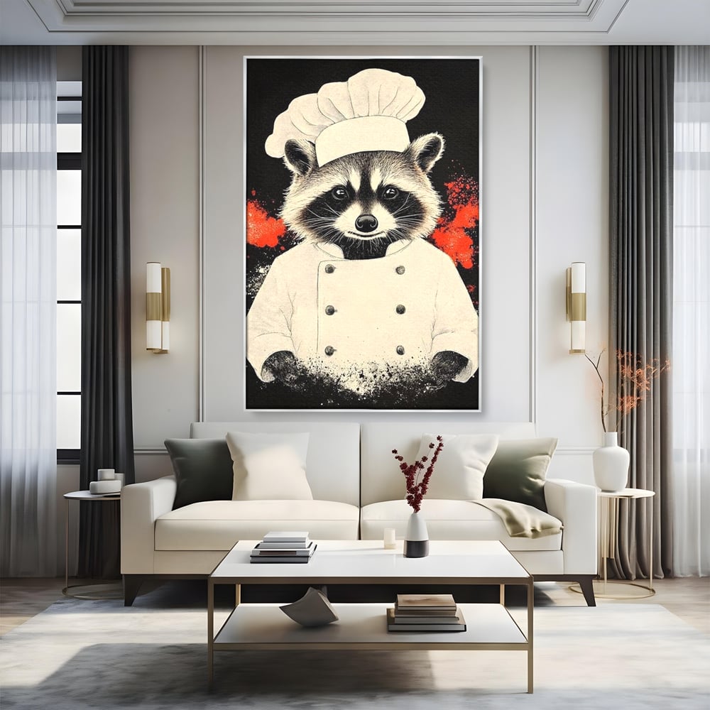 Tablou canvas cu tablou canvas cu raton bucatar, in rama de aluminiu argintiu, pe perete intr-un living